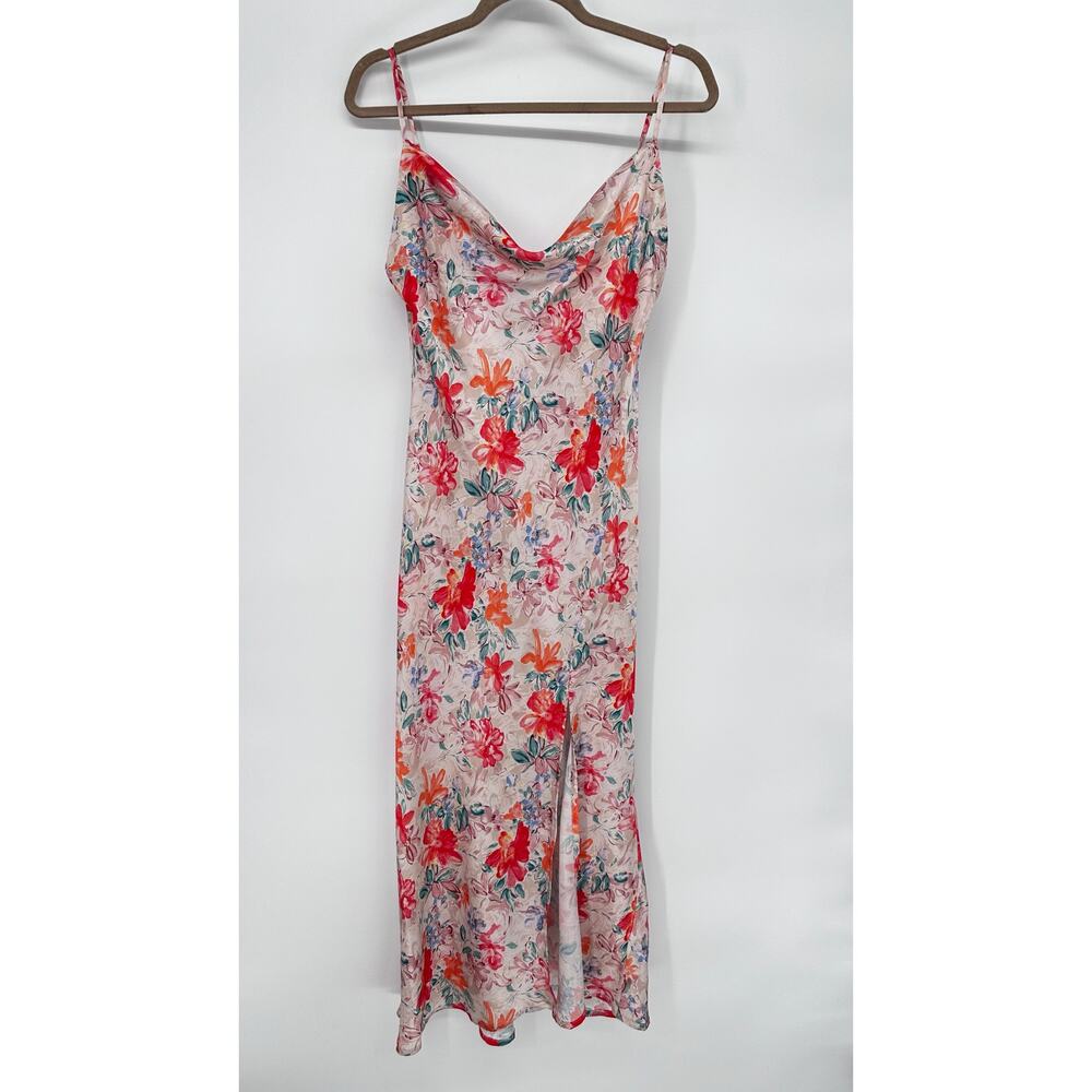 Floral Satin Long Cowl Neck Slip Midi Dress Size Small
